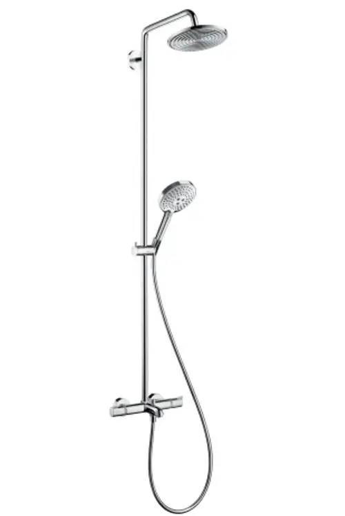 Hansgrohe Duschpaneel mit oberer Regenbrause und Handbrause, Wandmontage, integriertes Thermostat, Chrom-Oberfläche, flexibler Schlauch.